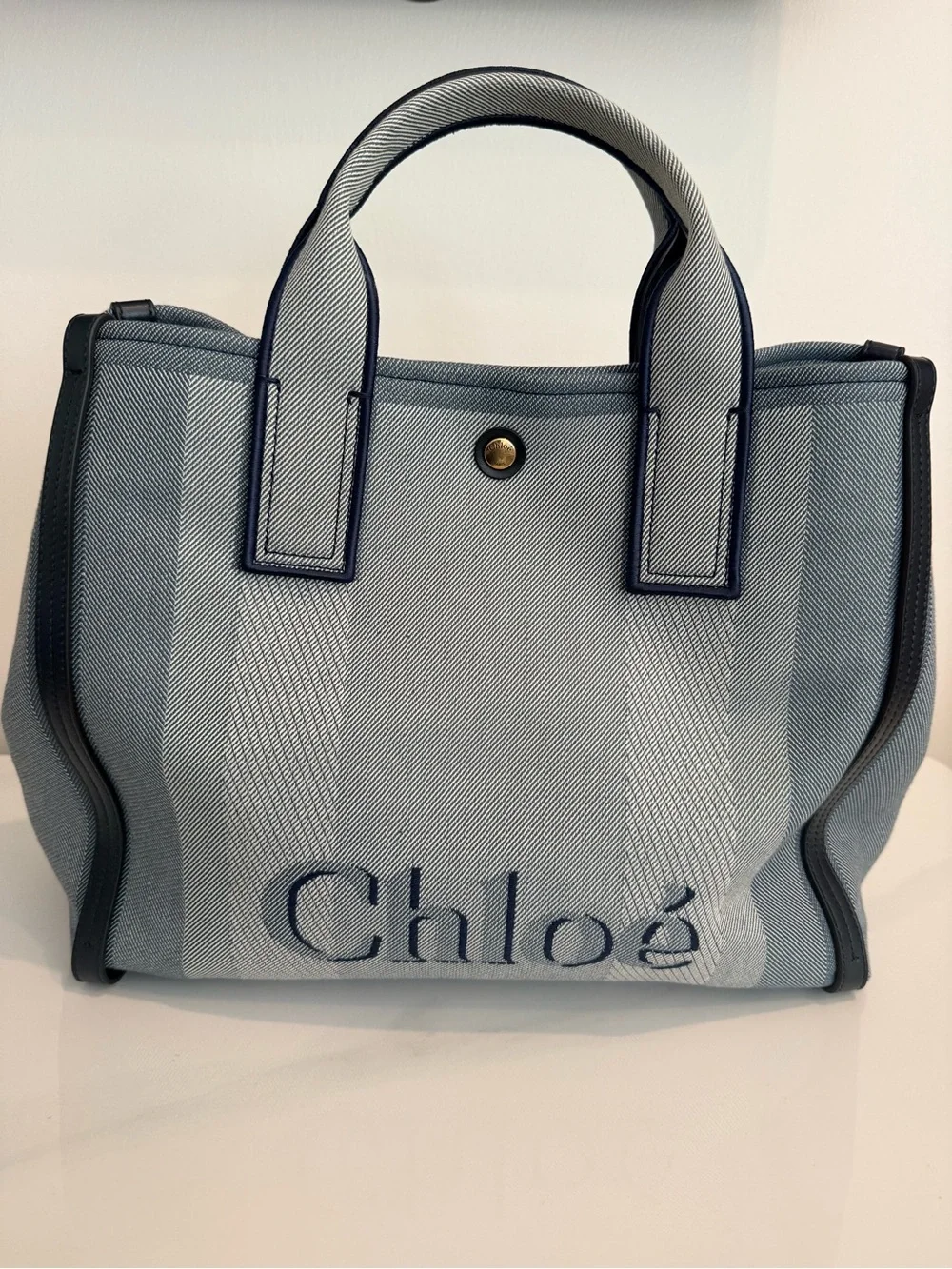 NEW Chloé Carry Logo Detailed Large Tote Bag in Striped Moonlight Blue Bag